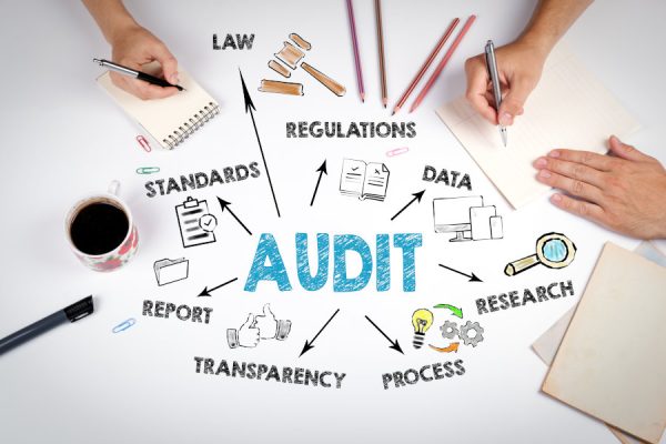 Audit Concept. Chart with keywords and icons. The meeting at the white office table